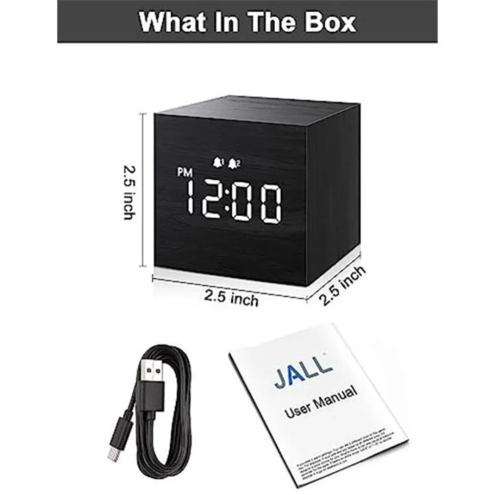 Digital Alarm Clock Wooden LED Display Dual Alarm Small Mini Bedside Clock Black